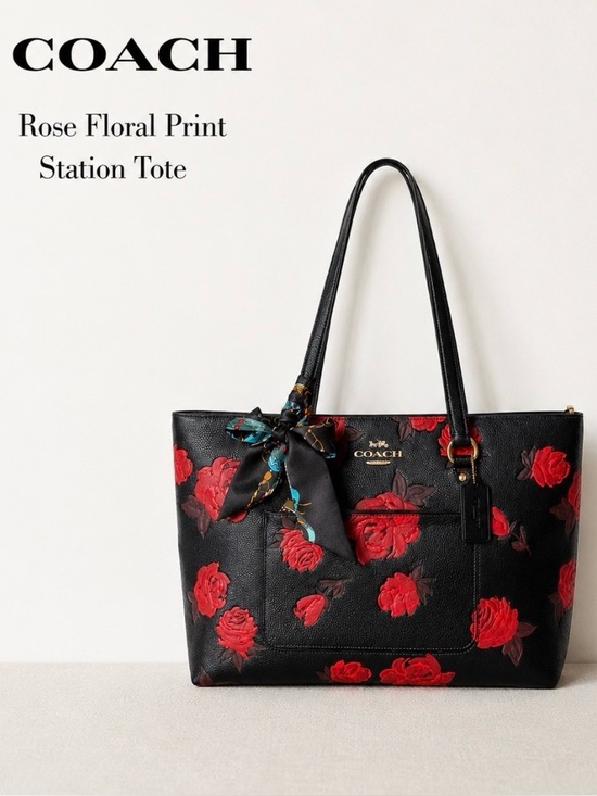 Coach Handbags - NWT Coach Black/Gold Station Tote Red Flower multiple pockets CCE23